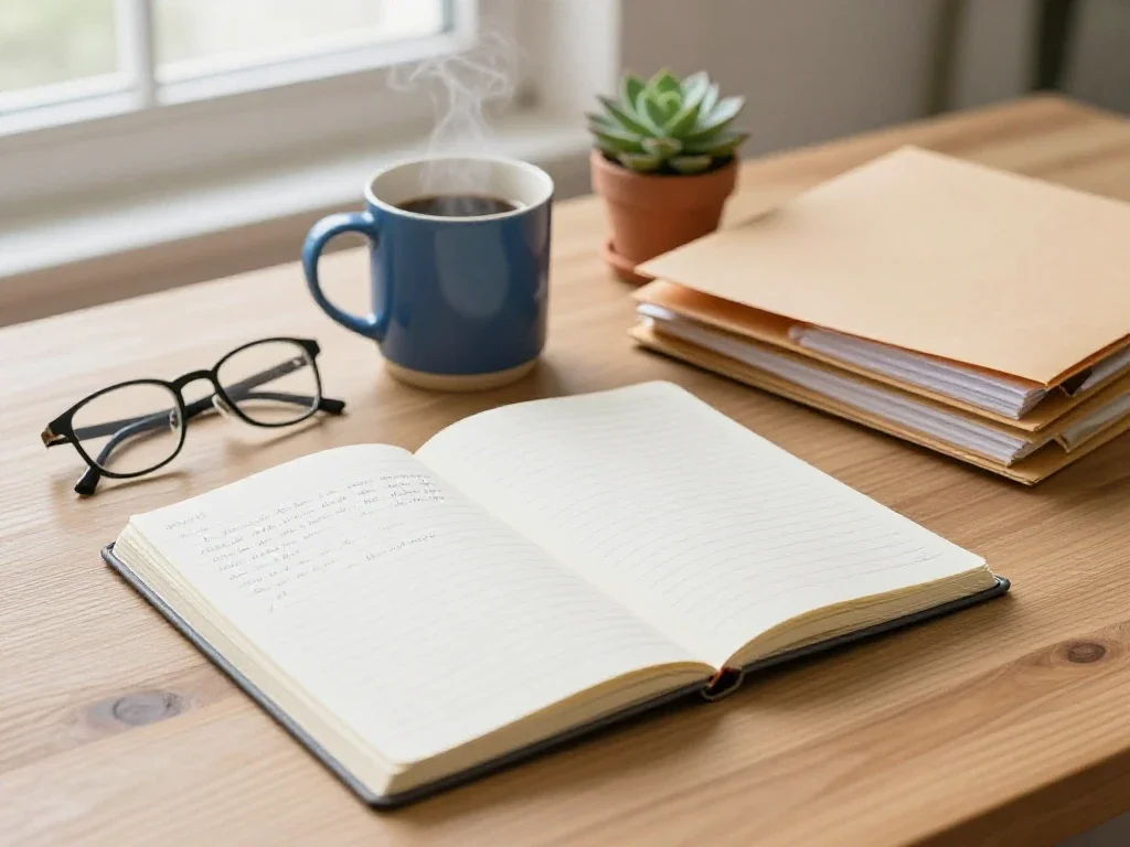 Espace de travail ordonné avec carnet et thé, illustrant la préparation et la réflexion quotidienne.