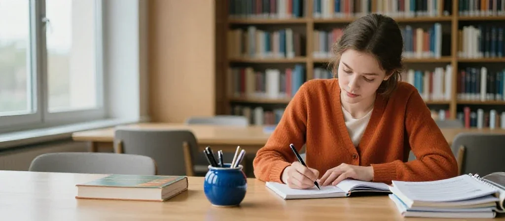 Une étudiante française en plein travail illustrant le parcours entre éducation et réussite professionnelle.