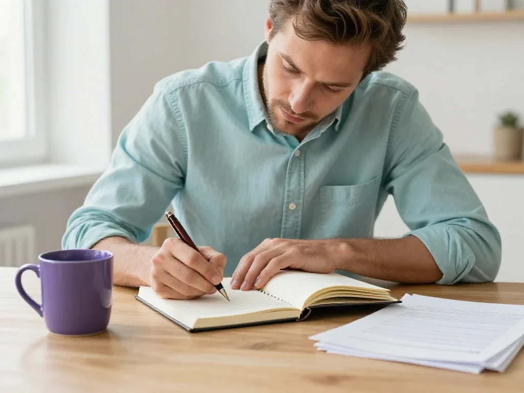 Un homme français prend des notes manuscrites pour mieux comprendre ses sujets du quotidien.