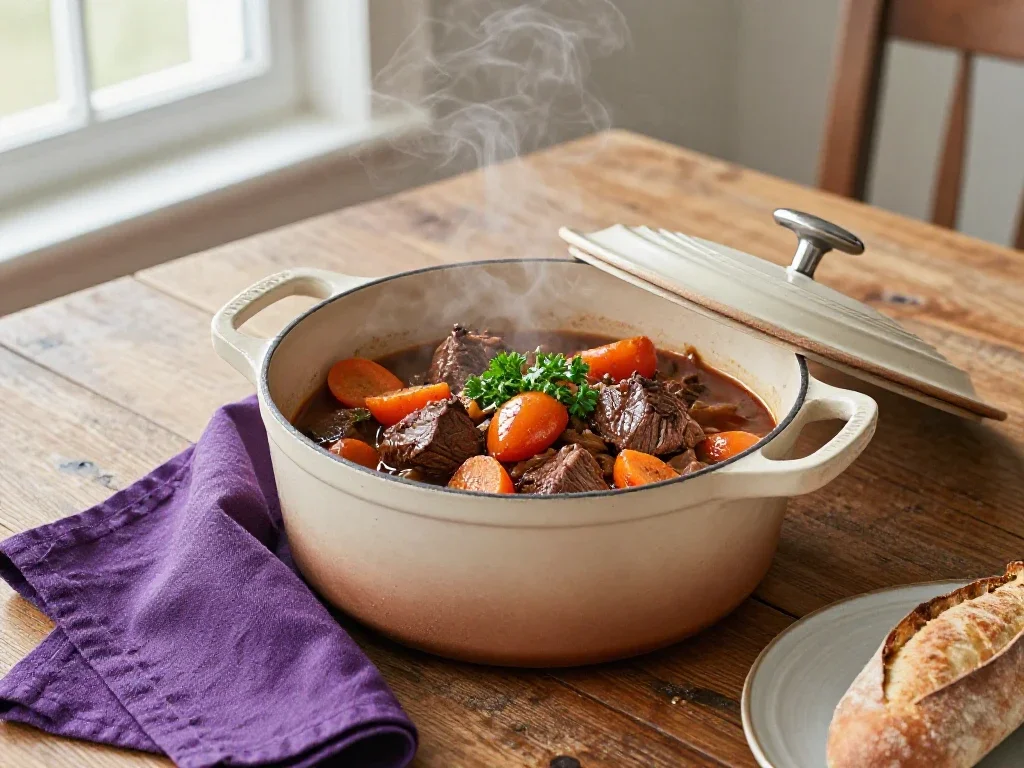 Plat mijoté en cocotte symbolisant le soin apporté aux préparatifs essentiels de la vie courante.