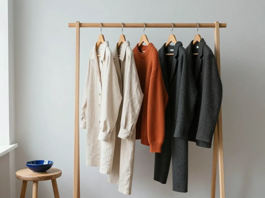Portant de vêtements aux matières variées symbolisant des choix quotidiens réfléchis et organisés.